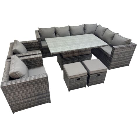 Fimous 10 Seater Rattan Height Adjustable Rising Lifting Table Corner Sofa Sets with 2 Chairs 2 Small Stools Dark Grey Mixed