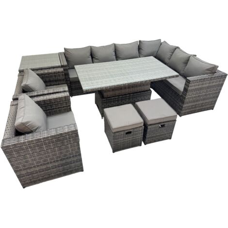 Fimous 10 Seater Rattan Height Adjustable Rising Lifting Table Corner Sofa Sets with 2 Chairs 2 Small Stools Side Table Dark Grey Mixed