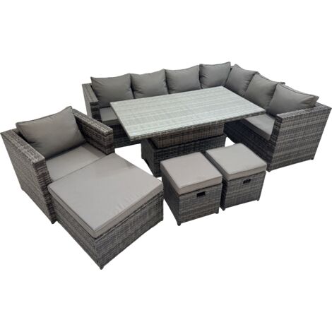 Fimous 10 Seater Rattan Height Adjustable Rising Lifting Table Corner Sofa Sets with Chair 3 Stools Dark Grey Mixed
