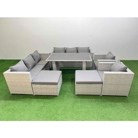 Fimous 10 Seater Wicker PE Rattan Furniture Outdoor Dining Table 3 Seater Sofa Armchair Set with 2 Big Stools Light Grey