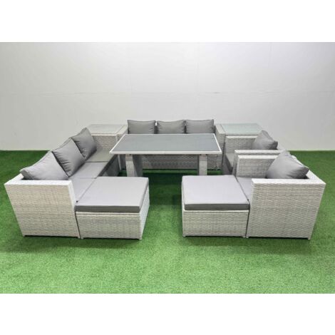 Fimous 10 Seater Wicker PE Rattan Furniture Outdoor Dining Table 3 Seater Sofa Armchair Set with 2 Side Tables 2 Big Stools Light Grey