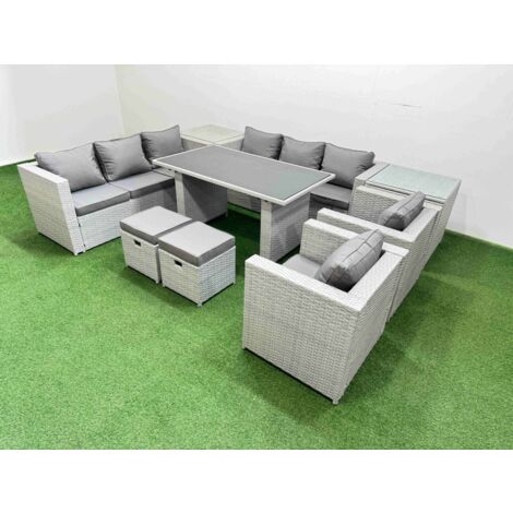 Fimous 10 Seater Wicker PE Rattan Furniture Outdoor Dining Table 3 Seater Sofa Armchair Set with 2 Side Tables 2 Small Stools Light Grey