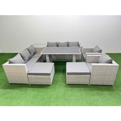 Fimous 10 Seater Wicker PE Rattan Furniture Outdoor Dining Table 3 Seater Sofa Armchair Set with Side Table 2 Big Stools Light Grey
