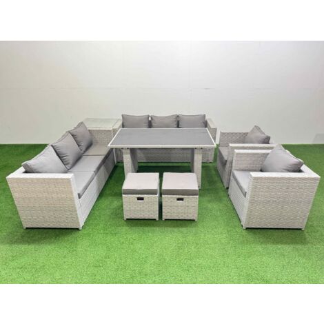 Fimous 10 Seater Wicker PE Rattan Furniture Outdoor Dining Table 3 Seater Sofa Armchair Set with Side Table 2 Small Stools Light Grey