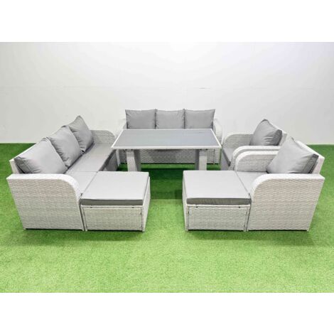 Fimous 10 Seater Wicker PE Rattan Furniture Outdoor Dining Table 3 Seater Sofa Reclining Chair Set with 2 Big Stools Light Grey