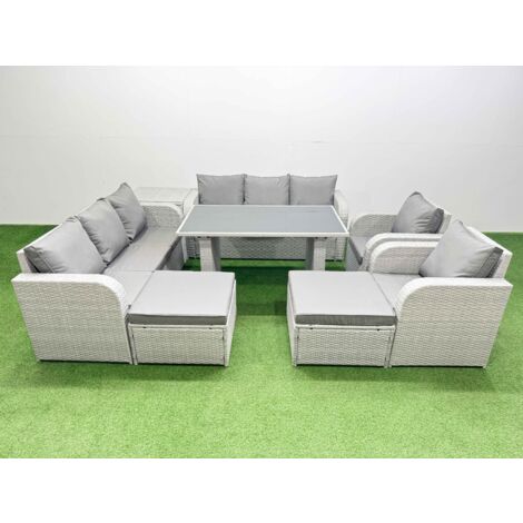 Fimous 10 Seater Wicker PE Rattan Furniture Outdoor Dining Table 3 Seater Sofa Reclining Chair Set with Side Table 2 Big Stools Light Grey