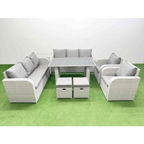 Fimous 10 Seater Wicker PE Rattan Furniture Outdoor Dining Table 3 Seater Sofa Reclining Chair Set with Side Table 2 Small Stools Light Grey