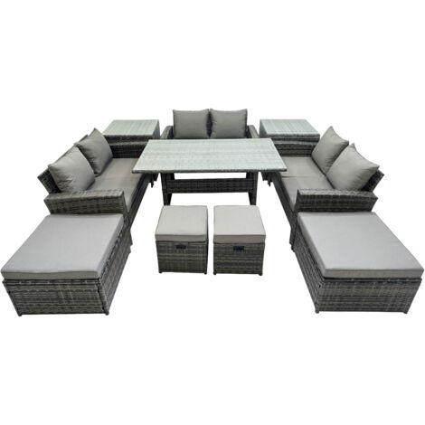 Fimous 10 Seater Wicker PE Rattan Furniture Outdoor Dining Table Double Seat Sofa 2 Side Tables 4 Stools Set Dark Grey Mixed