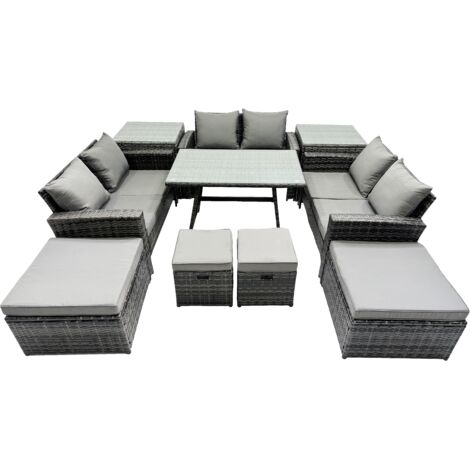 Fimous 10 Seater Wicker PE Rattan Furniture Outdoor Dining Table Double Seat Sofa 4 Stools 2 Side Table Set Dark Grey Mixed