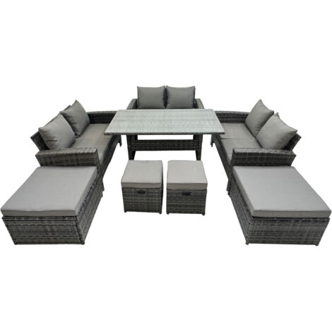 Fimous 10 Seater Wicker PE Rattan Furniture Outdoor Dining Table Double Seat Sofa 4 Stools Set Dark Grey Mixed