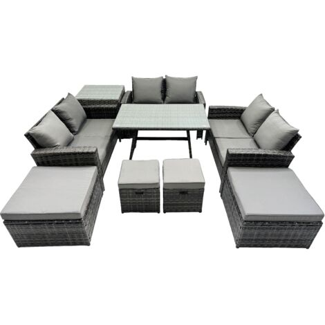 Fimous 10 Seater Wicker PE Rattan Furniture Outdoor Dining Table Double Seat Sofa 4 Stools Side Table Set Dark Grey Mixed