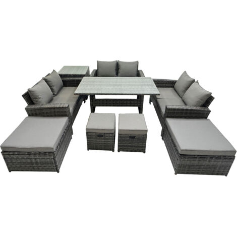 Fimous 10 Seater Wicker PE Rattan Furniture Outdoor Dining Table Double Seat Sofa Side Table 4 Stools Set Dark Grey Mixed