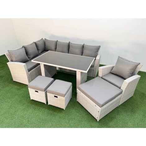 Fimous 10 Seater Wicker Rattan Corner Sofa Sets Outdoor Garden Furniture Sets with Rectangular Dining Table Lounge Sofa 3 Footstools Armchair Light Grey