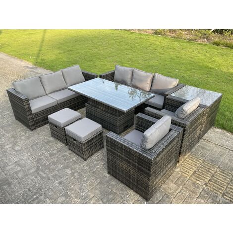 Fimous 10 Seater Outdoor Rattan Garden Furniture Adjustable Rising Lifting Side Tables Small Footstools Dark Grey Mixed