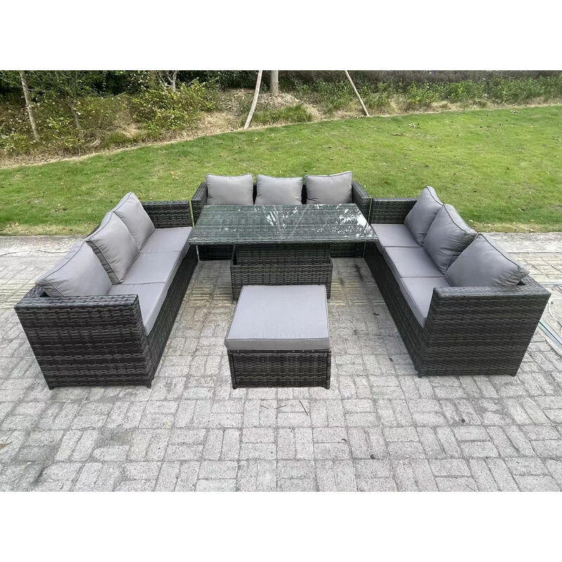 10 Sièges Rotin Meubles De Jardin Canapé Ensemble Extérieur Table à Manger Réglable Grand Tabouret Gris Foncé Mixte - Fimous