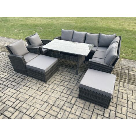 Fimous 10 Sitzer Garten Rattanmöbel Ecksofa Esstisch Sessel Set mit 2 Großer Hockern 2 Sesseln