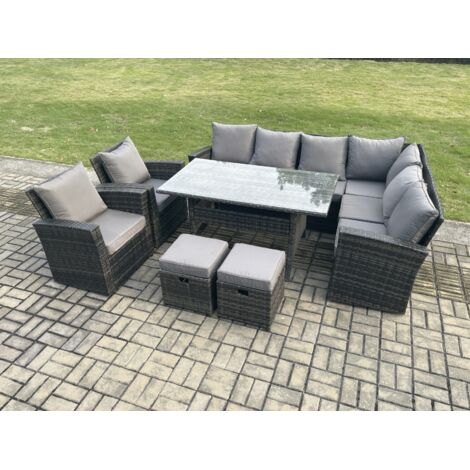 Fimous 10 Sitzer Garten Rattanmöbel Ecksofa Esstisch Sesseln mit 2 kleine Fußhockern