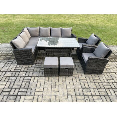 Fimous 10 Sitzer Garten Rattanmöbel Set mit 2 kleine Fußhockern Sesseln Dunkelgrau gemischt