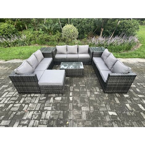 Fimous 10-Sitzer Lounge Sofa Set Wicker PE Rattan Gartenmöbel Set mit Länglichem Couchtisch 2 Beistelltische Großer Fußhocker Dunkelgrau Gemischt