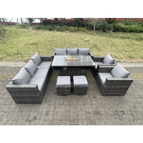 Fimous 10-Sitzer Outdoor PE Rattan Gartenmöbel Gas Feuergrube Esstisch Set Lounge Sofa 2-teilige Sessel Mit 2-Hockern Dunkelgrau gemischte Terrasse