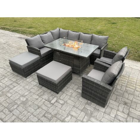 Fimous 10 Sitzer Outdoor Rattan Gartenmöbel-Set Ecksofa Gas Feuertisch Sets mit 2 Großer Hockern 2 Sesseln Dunkelgrau gemischt