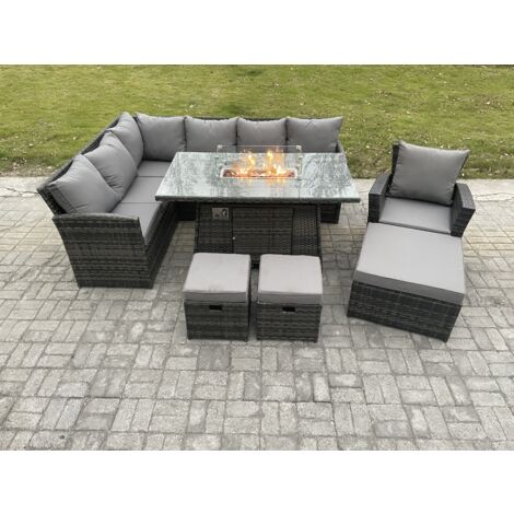 Fimous 10 Sitzer Outdoor Rattan Gartenmöbel-Set Ecksofa Gas Feuertisch Sets mit 3 Fußhockern Sesseln Dunkelgrau gemischt