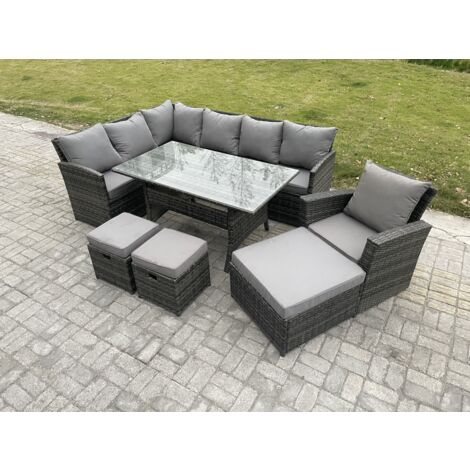 Fimous 10 Sitzer Outdoor Rattan Gartenmöbel-Set mit Rechteckiger Esstisch 3 Hockern Sessel Dunkelgrau gemischt