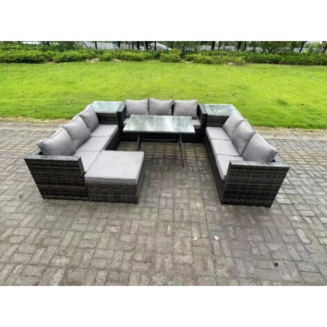 Fimous 10-Sitzer Polyrattan Gartenmöbel Set im Balkon Lounge Sofa Garten Esstisch Set mit 2 Beistelltischen 2 Großer Hockern Dunkelgrau Gemischt