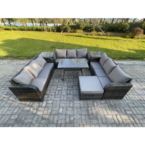 Fimous 10-Sitzer Polyrattan Gartenmöbel Set mit Rechteckiger Esstisch 2 Beistelltischen 2 Großer Hockern Polyrattan Garten Sofa im Freien Set