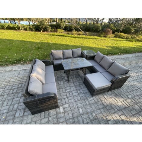 Fimous 10-Sitzer Polyrattan Gartenmöbel Set mit Rechteckiger Esstisch 2 Großer Hockern Beistelltisch Polyrattan Garten Sofa im Freien Set
