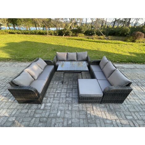 Fimous 10-Sitzer Polyrattan Gartenmöbel Set mit Rechteckiger Esstisch 2 Großer Hockern Polyrattan Garten Sofa im Freien Set