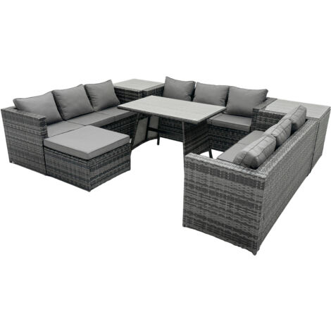 Fimous 10-Sitzer Polyrattan Sofa Set Gartenmöbel Patio Esstisch Dunkelgrau Gemischt