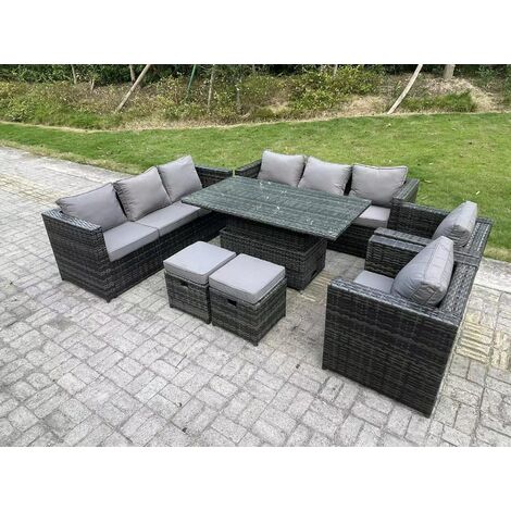 Fimous 10-Sitzer Wicker PE Gartenmöbel Rattan Sofa Set im Freien Einstellbare aufsteigende Esstisch Set mit 2 Sesseln 2 Hocker Dunkelgrau gemischt