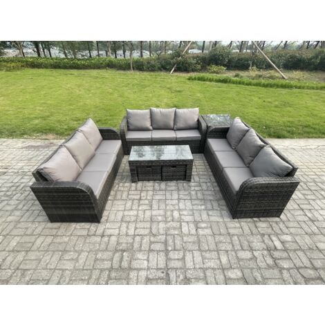 Fimous 11 places Ensemble de canapés en rotin Salon de jardin avec Table basse rectangulaire Table d'appoint 2 Petits tabourets Canapé 3 places Gris foncé mixte