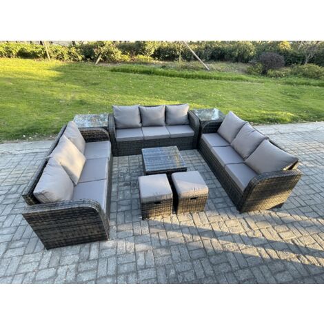 Fimous 11 places Ensembles de meubles de jardin avec Table basse carrée Canapé 3 places 2 Petits tabourets 2 Tables d'appoint Gris foncé mixte