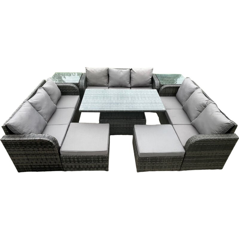 11 places Jardin Salle à manger Set Meubles d'extérieur en rotin Canapé décontracté Table élévatrice réglable en hauteur avec 2 tables d'appoint 2