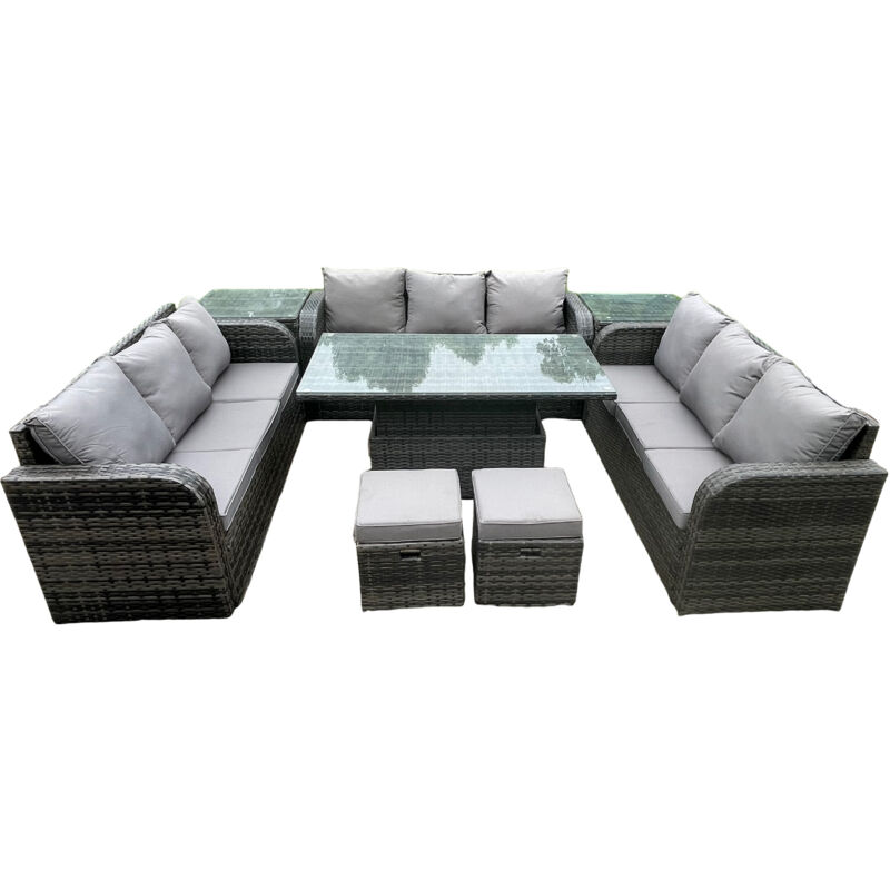 11 places Jardin Salle à manger Set Meubles d'extérieur en rotin Canapé décontracté Table élévatrice réglable en hauteur avec 2 tables d'appoint 2