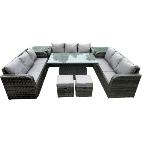 Fimous 11 places Jardin Salle à manger Set Meubles d'extérieur en rotin Canapé décontracté Table élévatrice réglable en hauteur avec 2 tables d'appoint 2 petits repose-pieds gris foncé Mix