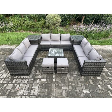 Fimous 11 places Salon de jardin en rotin avec 2 Tables d'appoint Table basse carrée 2 Petit pouf Mélange gris foncé