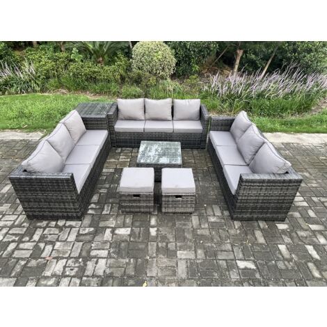 Fimous 11 places Salon de jardin en rotin avec Tables d'appoint Table basse carrée 2 Petit pouf Mélange gris foncé