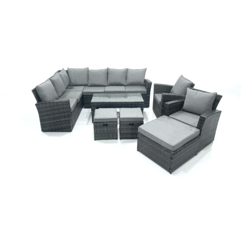 Fimous 11 Seat Outdoor Gartenmöbel-Set Ecksofa Set Terrassen Sofa Sessel Tisch Set mit 2 kleine Fußhockern Großer Hockern Dunkelgrau gemischt