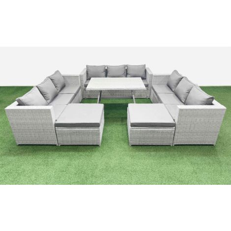 Fimous 11 Seat Outdoor Patio PE Rattan Garden Furniture with Cushions 3 Seater Sofa 2 Big Stools Light Grey