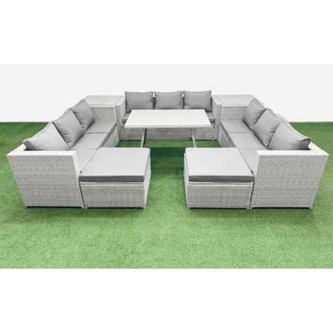 Fimous 11 Seat Outdoor Patio PE Rattan Garden Furniture with Cushions 3 Seater Sofa 2 Side Tables 2 Big Stools Light Grey