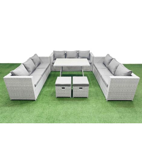 Fimous 11 Seat Outdoor Patio PE Rattan Garden Furniture with Cushions 3 Seater Sofa 2 Small Stools Light Grey