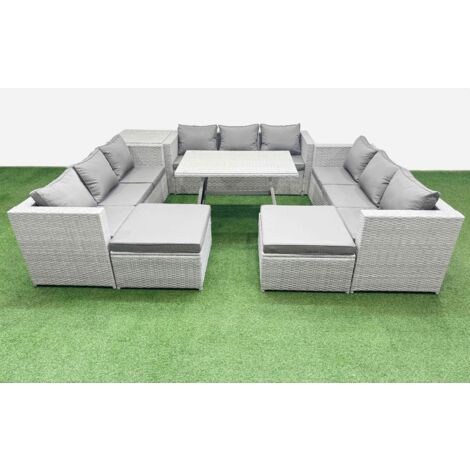 Fimous 11 Seat Outdoor Patio PE Rattan Garden Furniture with Cushions 3 Seater Sofa Side Table 2 Big Stools Light Grey