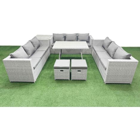 Fimous 11 Seat Outdoor Patio PE Rattan Garden Furniture with Cushions 3 Seater Sofa Side Table 2 Small Stools Light Grey