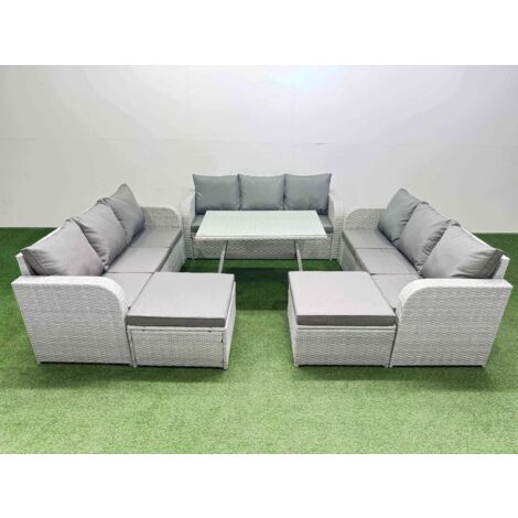 Fimous 11 Seat Outdoor PE Rattan Garden Furniture with Cushions 3 Seater Sofa 2 Big Stools Light Grey
