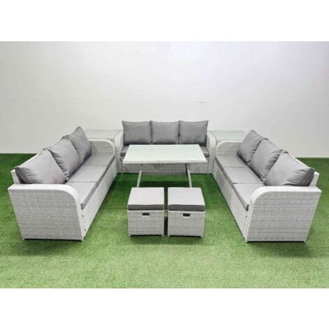 Fimous 11 Seat Outdoor PE Rattan Garden Furniture with Cushions 3 Seater Sofa 2 Side Tables 2 Small Stools Light Grey