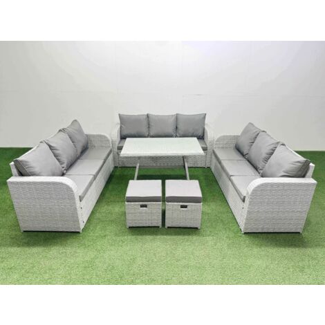 Fimous 11 Seat Outdoor PE Rattan Garden Furniture with Cushions 3 Seater Sofa 2 Small Stools Light Grey