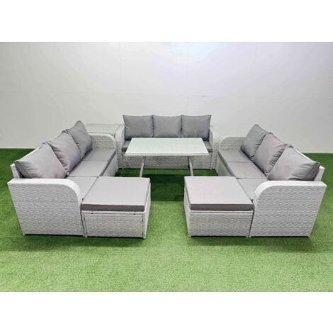 Fimous 11 Seat Outdoor PE Rattan Garden Furniture with Cushions 3 Seater Sofa Side Table 2 Big Stools Light Grey